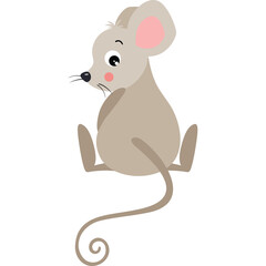 Cute Sad Gray Mouse Sitting Down with Curly Tail and Pink Ears on Transparent Background