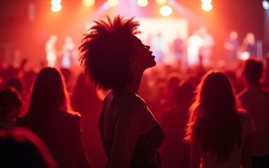 Portrait of an Afro-American woman dancing and enjoying music among a crowd of people at a music concert. High quality