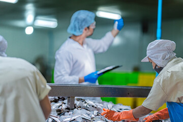 A Quality Assurance specialist in full PPE inspects a fish sample for HACCP compliance. He is auditing the smart factory automated system and manual sorting process for food safety.