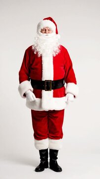 Rear view of a person in a red velvet suit with white trim, hat, and black boots