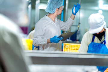 A Quality Assurance QA specialist in PPE audits a smart factory. He uses a tablet to check data, monitoring the seafood production line for HACCP compliance.