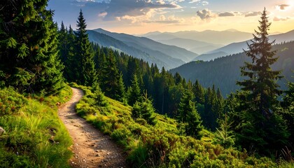 A winding trail leads through a vibrant green forest up into the sunlit mountain range. Layers of hills fade