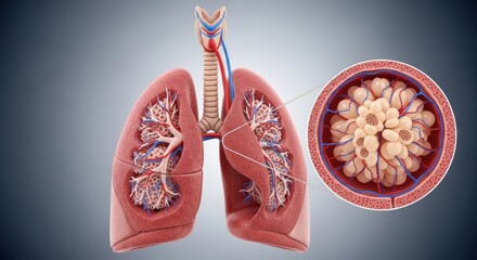 Anatomical illustration of human lungs with alveoli detail