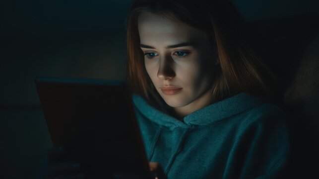 Young woman engaged in late-night reading cozy bedroom digital content intimate atmosphere close-up view focus on relaxation