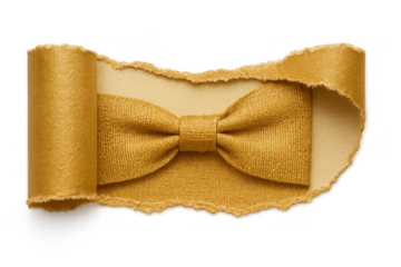 Gold ribbon bow under torn paper revealing a festive decoration, transparent background for gift, celebration, and announcement concepts