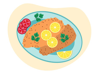 Meal variety fried fish with some vegetable. Brunch food illustration. Flat vector design.