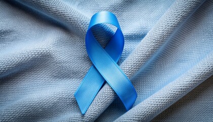 Overhead shot of a blue prostate cancer awareness ribbon icon on a light blue fabric background with a soft texture.
