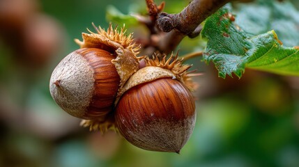 Macro shot of two brown nuts with spiky green husks attached to a branch