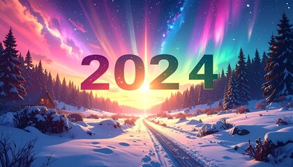 A winter landscape with a snowy road leading to a bright sun setting behind a forest. Large numbers of 2024 dominate the scene