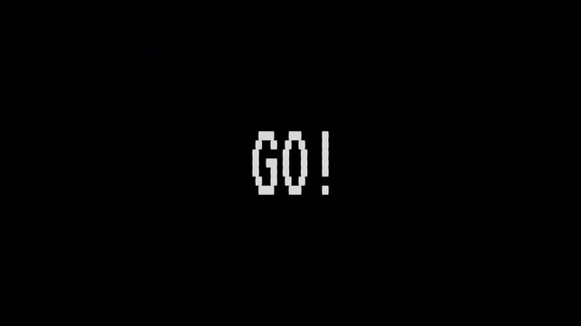 Pixel art animated text GO! appears, changing from red to white, signifying a game start or call to action. 4K video text animation for vintage arcade game - Powered by Adobe