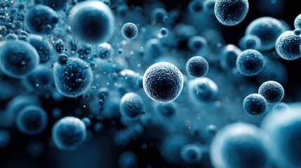 Macro view of many blue, sphere-shaped, microscopic particles floating against a dark background