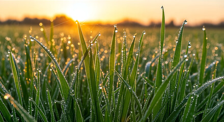 Fototapeta premium Morning dew drops glistening on fresh green grass blades at sunrise.
