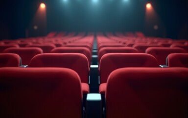 Fototapeta premium Rows of empty chairs at theatre or concert hall. Generative AI. High quality