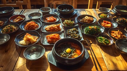 Traditional assorted side dishes and hot soup served on a rustic wooden table under bright natural light