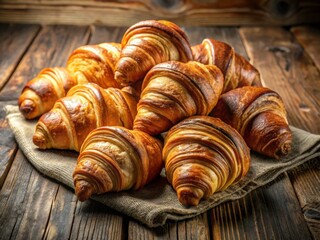 Freshly baked croissants on rustic table