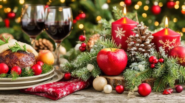 Delicious holiday feast with wine cozy home setting festive decor warm atmosphere family gathering christmas celebration
