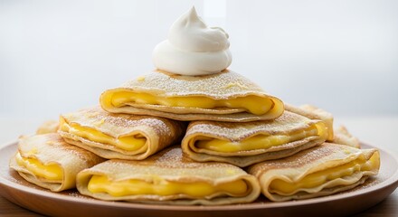 A delicious stack of sweet crepes filled with custard and topped with whipped cream. National Whipped Cream Day