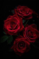 Obraz premium Moody Dark Floral with Rich Crimson and Deep Green Hues A dramatic, moody close up of deep crimson roses with velvety petals and dark, rich green foliage. The lighting should be low key, creating