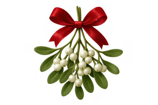 Mistletoe bunch with white berries and red ribbon bow, symbolizing holiday tradition, christmas romance, and festive decoration