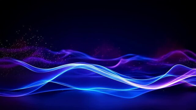 Abstract blue glowing wave line on black background. Minimalist digital design for technology or science themes. Smooth, fluid, and dynamic line.