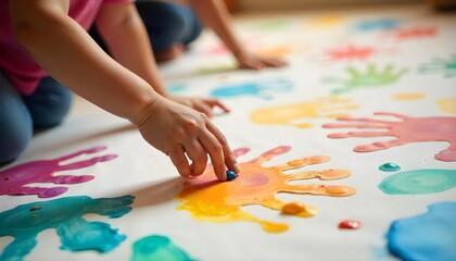 Obraz premium A child's hand gently presses on a colorful handprint on paper, representing love and compassion for World Kindness Day
