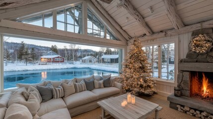 Naklejka premium Cozy winter living room with fire and christmas tree lakeside cabin interior design snowy landscape inviting atmosphere