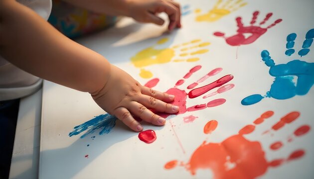 A child's hand touches a vibrant handprint on paper, symbolizing kindness and community support for World Kindness Day