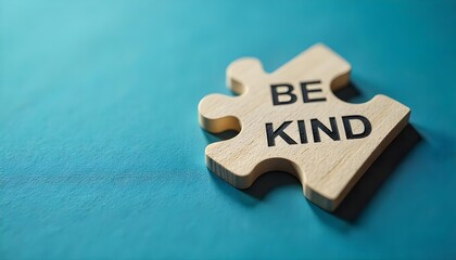 Wooden puzzle piece with be kind text on a blue background, symbolizing kindness and compassion