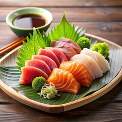 Japanese sashimi with wasabi and soy sauce high
