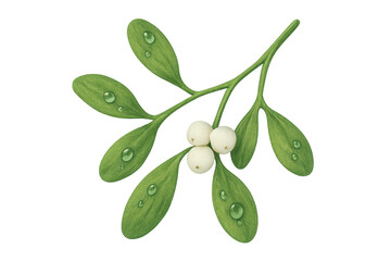 Mistletoe branch with green leaves and white berries featuring water drops, symbolizing christmas holiday tradition