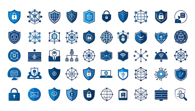 Collection of various shield and network-related icons, mostly in blue hues, representing security and protection