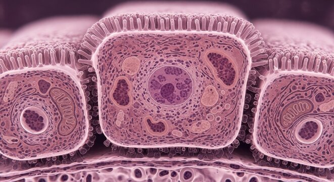 Microscopic view of ciliated epithelial cells lining a lumen