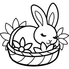 Adorable bunny sleeping peacefully in a basket surrounded by flowers