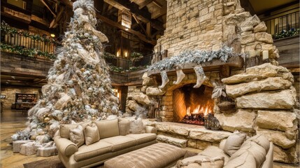 Fototapeta premium Festive winter gathering cozy lodge interior design rustic charm warm atmosphere holiday spirit
