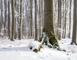 A winter forest scene, with tall, bare trees, sunlight, and a blanket of snow covering the ground and tree stumps