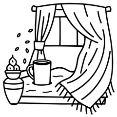 Illustration of a window with curtains, a mug, and a vase