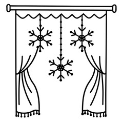 Illustration of curtains with snowflakes hanging