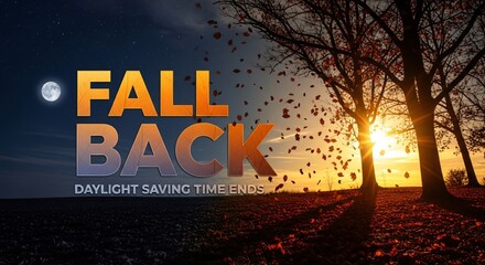 Plakat Fall Back Daylight Saving Time Ends Autumn Sunset Trees Change Clock Winter Schedule 2024