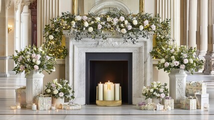 Elegant wedding decoration luxurious venue floral arrangement romantic atmosphere indoor setting celebration concept
