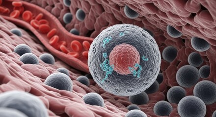 Closeup view of a human cell with nucleus and blood vessel