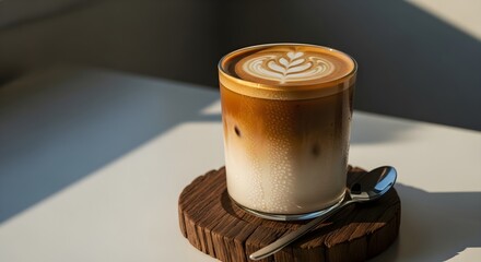 It features distinct layers of milk (white at the bottom) and espresso/coffee (brown on top), indicating it might be an iced latte or similar layered beverage.