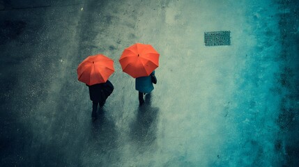 Two figures holding bright orange umbrellas walk across wet pavement during a downpour viewed from directly above