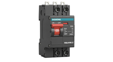 Isolated black plastic electrical switch equipment on a white background for technology and power electronics