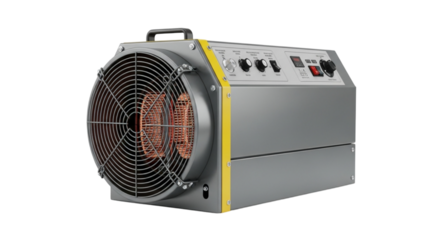 Air conditioner and electric fan isolated on white with retro radio and 