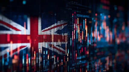 Digital representation of the nation's flag overlaid with dynamic financial market charts