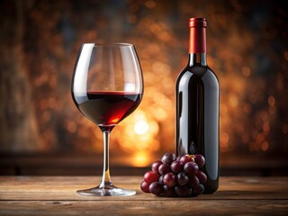 Red wine glass with bottle background