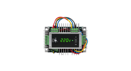 Green electronic circuit board with cable connections, a key component of computer power supply and hardware technology