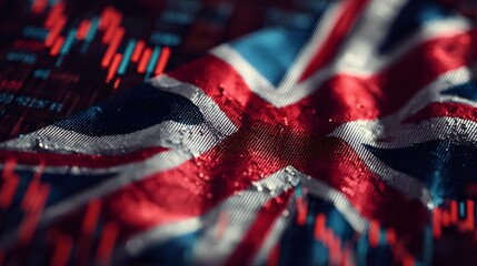 Textured national emblem overlays a glowing background of financial market data visualization.