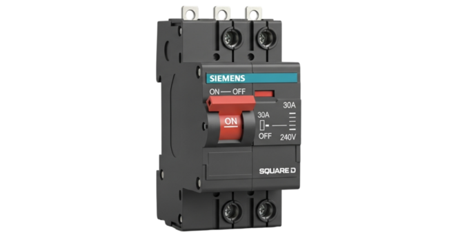 Isolated black plastic electrical switch equipment on a white background for technology and power electronics - Powered by Adobe