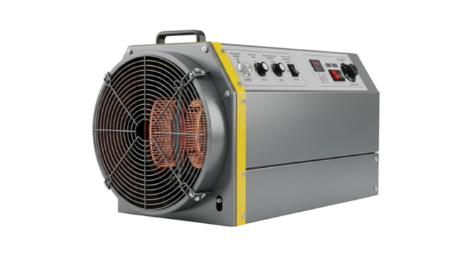 Air conditioner and electric fan isolated on white with retro radio and 